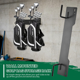 Krimocy golf bag storage rack secured to wall with rubber-coated grips for bag protection.