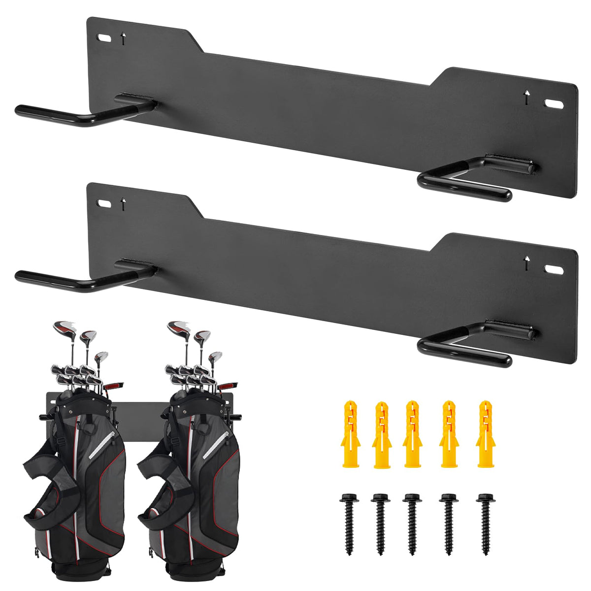 Krimocy wall-mounted golf bag rack with dual rods keeps bags off the floor and organized.