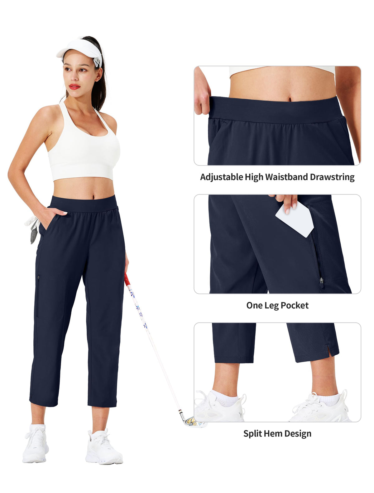 Ksmien navy blue golf pants with UPF 50+ sun protection.