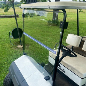 KUAFU fold-down windshield kit installed on EZGO Marathon for flexible weather protection.