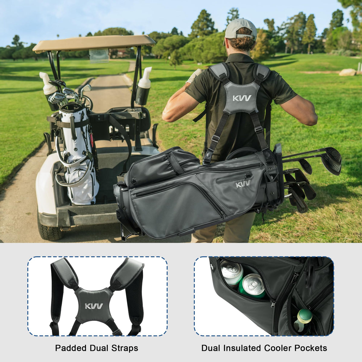 KVV adjustable padded dual straps distribute weight for comfort.