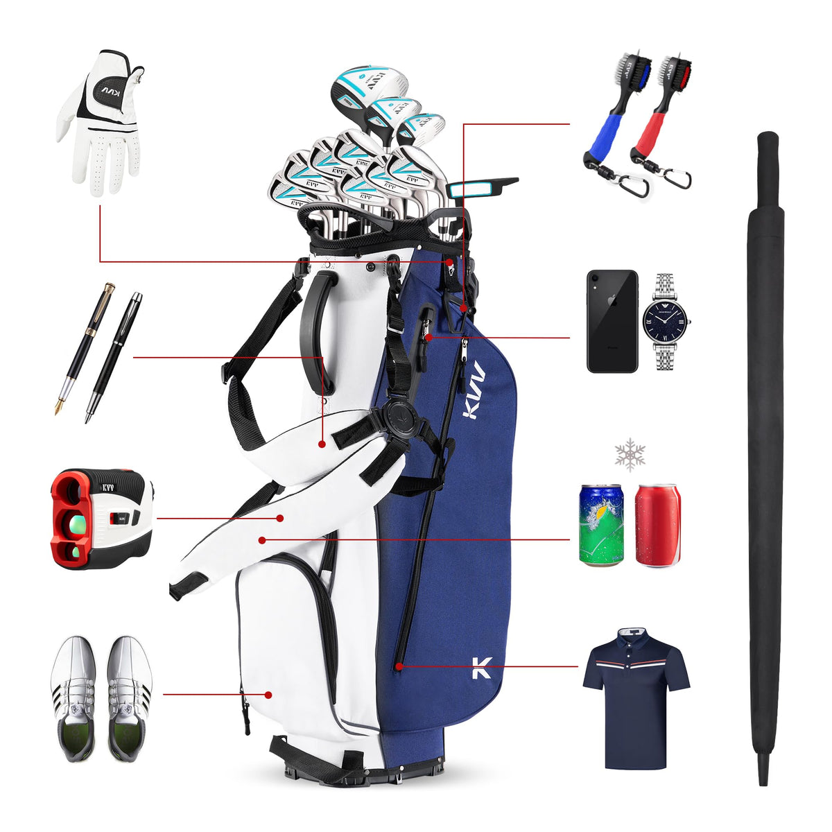 KVV bag with 6-pocket storage and insulated bottle sleeve for on-course hydration