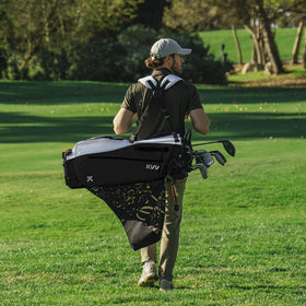 KVV golf bag with automatic dual straps for balanced comfort.