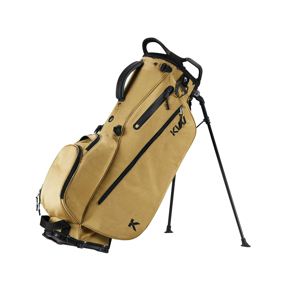 KVV golf stand bag in khaki, side view showing organized clubs and 7-way dividers