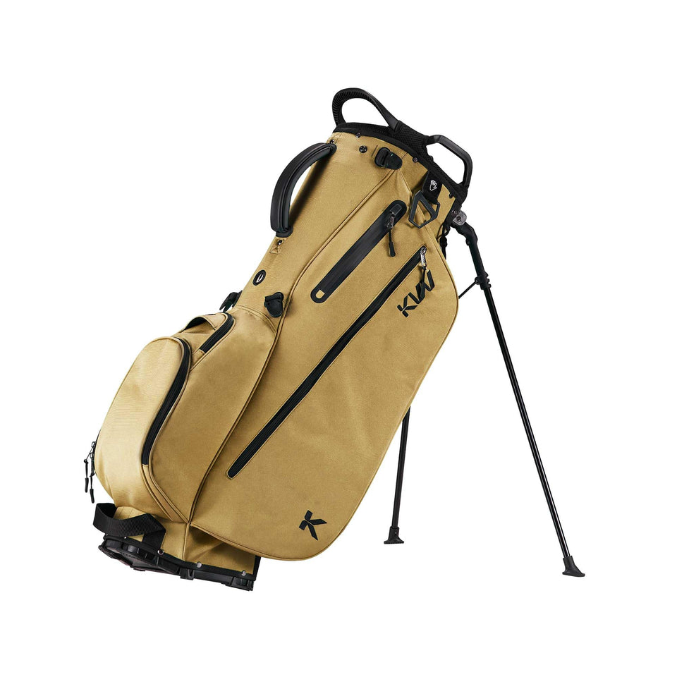 KVV golf stand bag in khaki, side view showing organized clubs and 7-way dividers