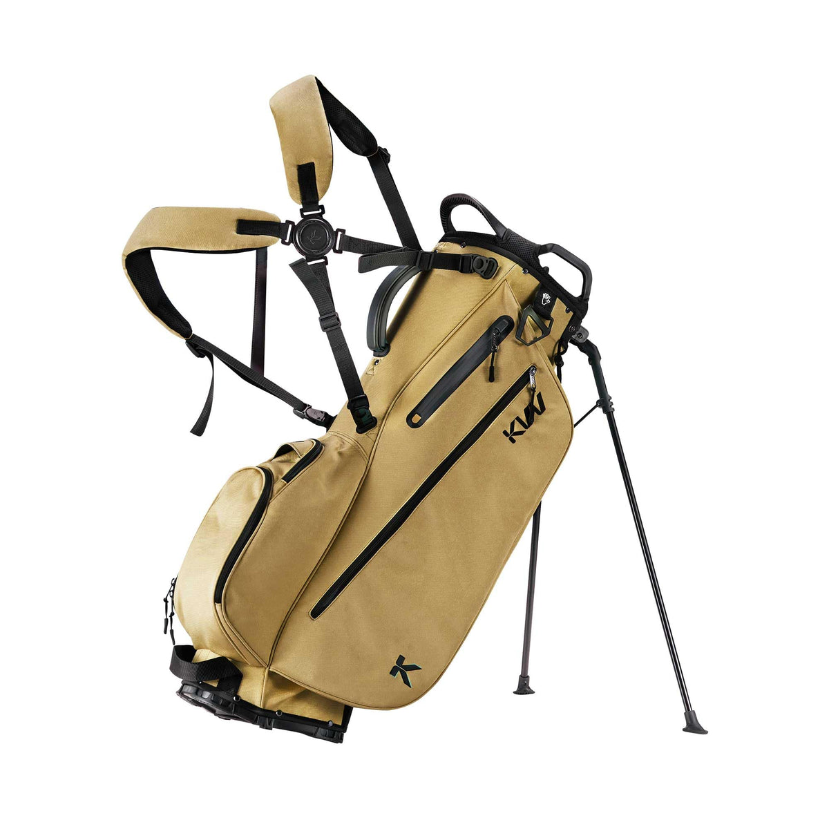 KVV golf stand bag stand legs deployed on uneven terrain for stability