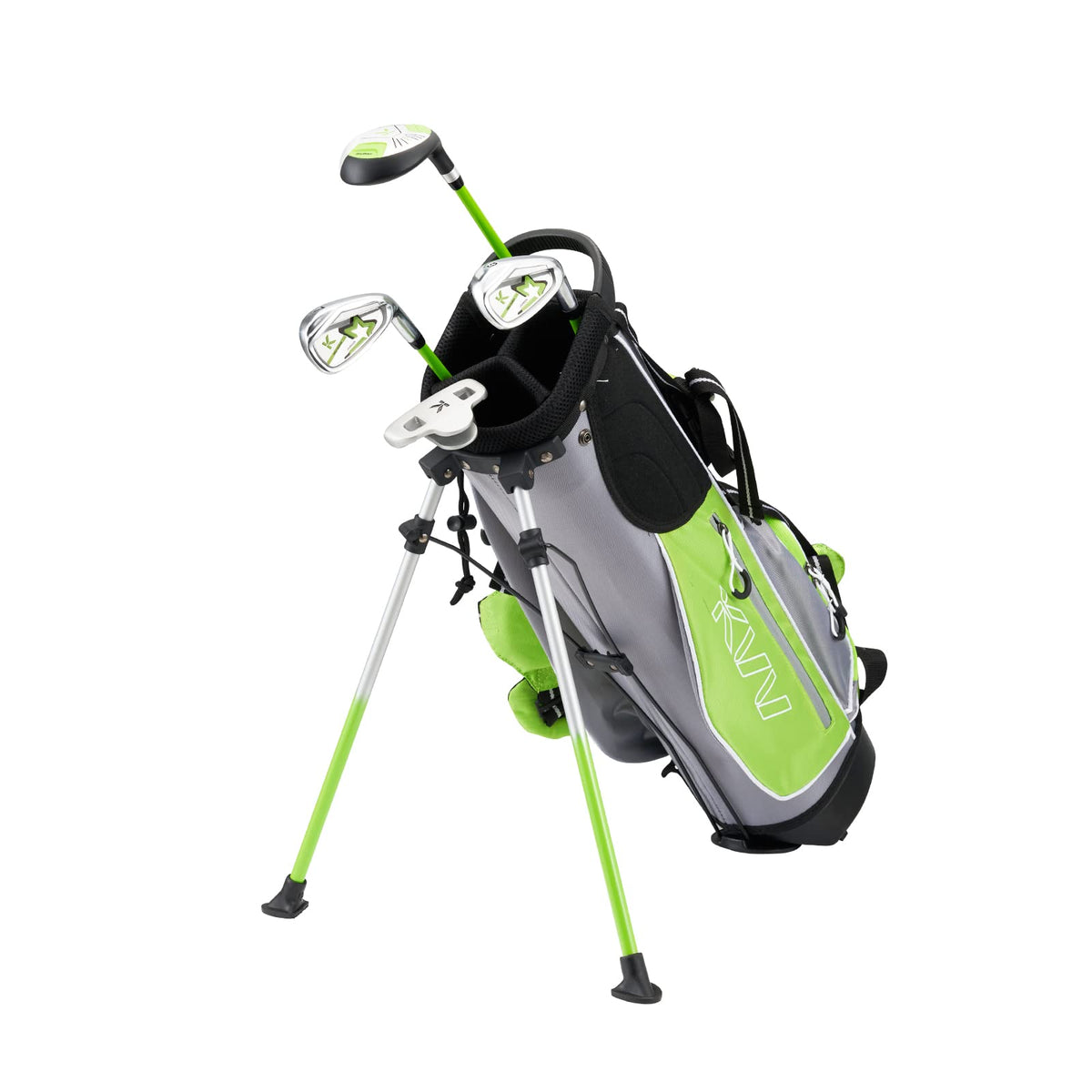 KVV junior golf set lime stand bag, easy transport and organized carry for kids.