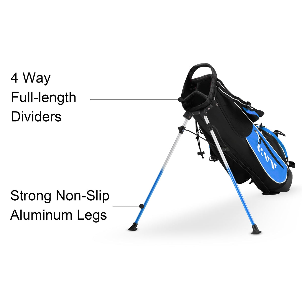 KVV blue stand bag includes rain hood and sturdy base for protection