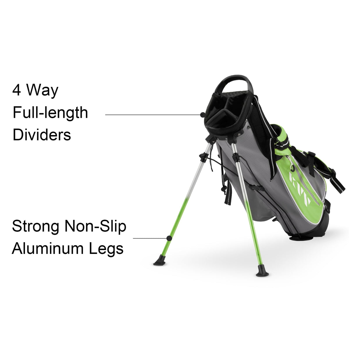 KVV lime rain hood on Junior Stand Bag protecting clubs on course