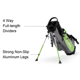 KVV lime rain hood on Junior Stand Bag protecting clubs on course