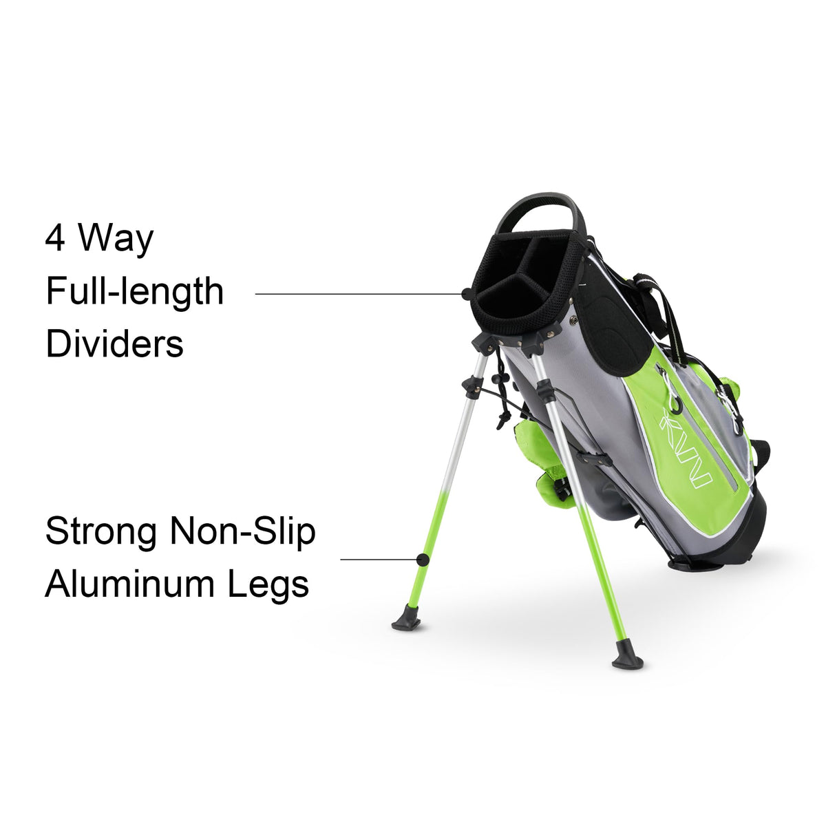 KVV Junior Golf Stand Bag lime, padded shoulder strap shows comfortable carry for kids.