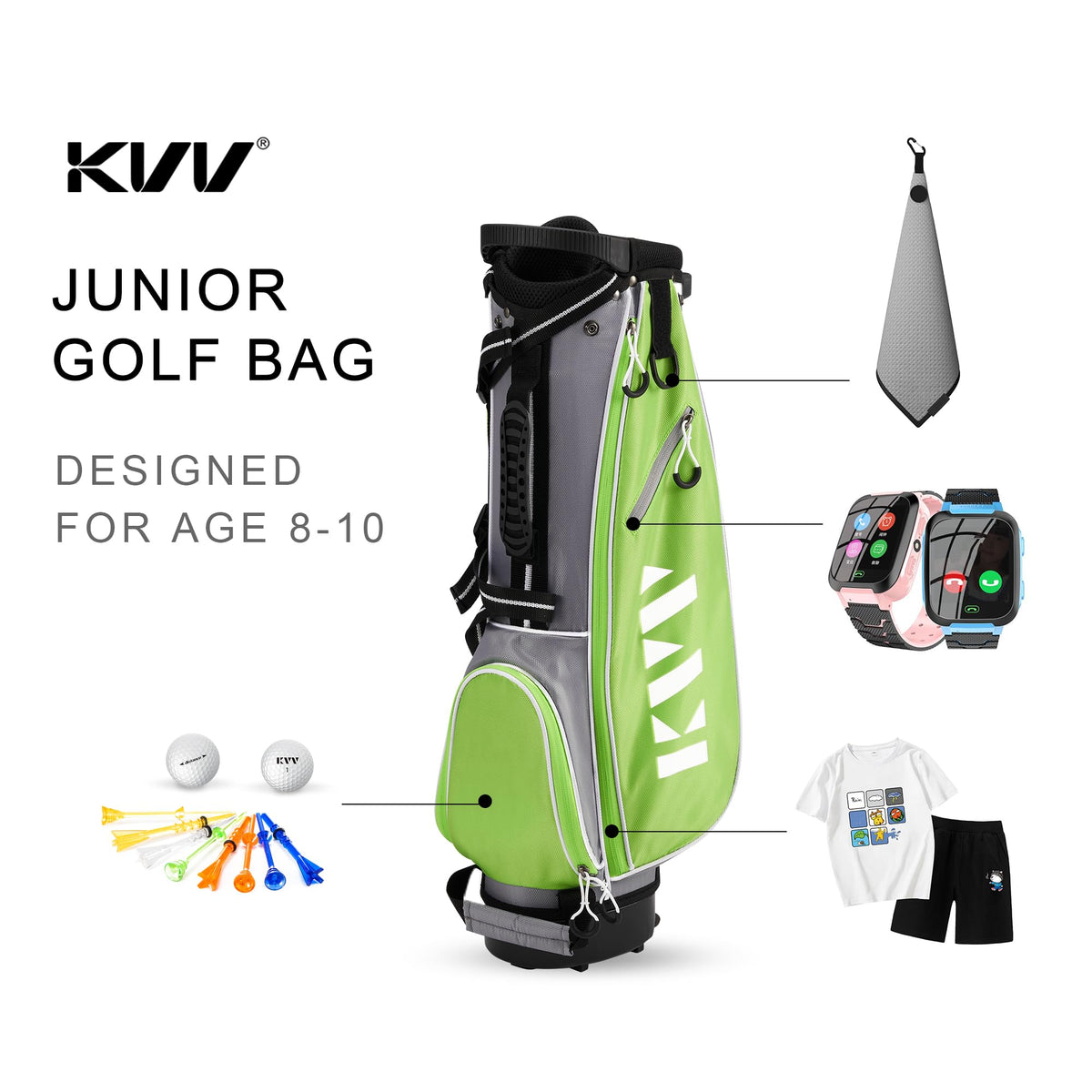 KVV Junior Golf Stand Bag lime padded shoulder straps for comfortable carry