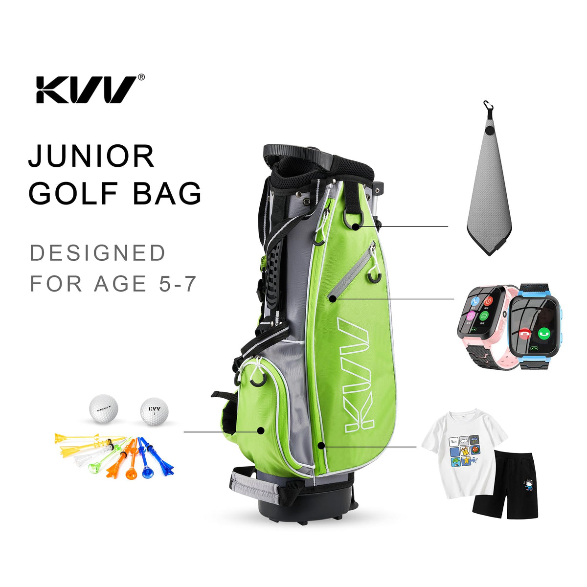 KVV Junior Golf Stand Bag lime, side pocket ready for balls and gloves during practice.