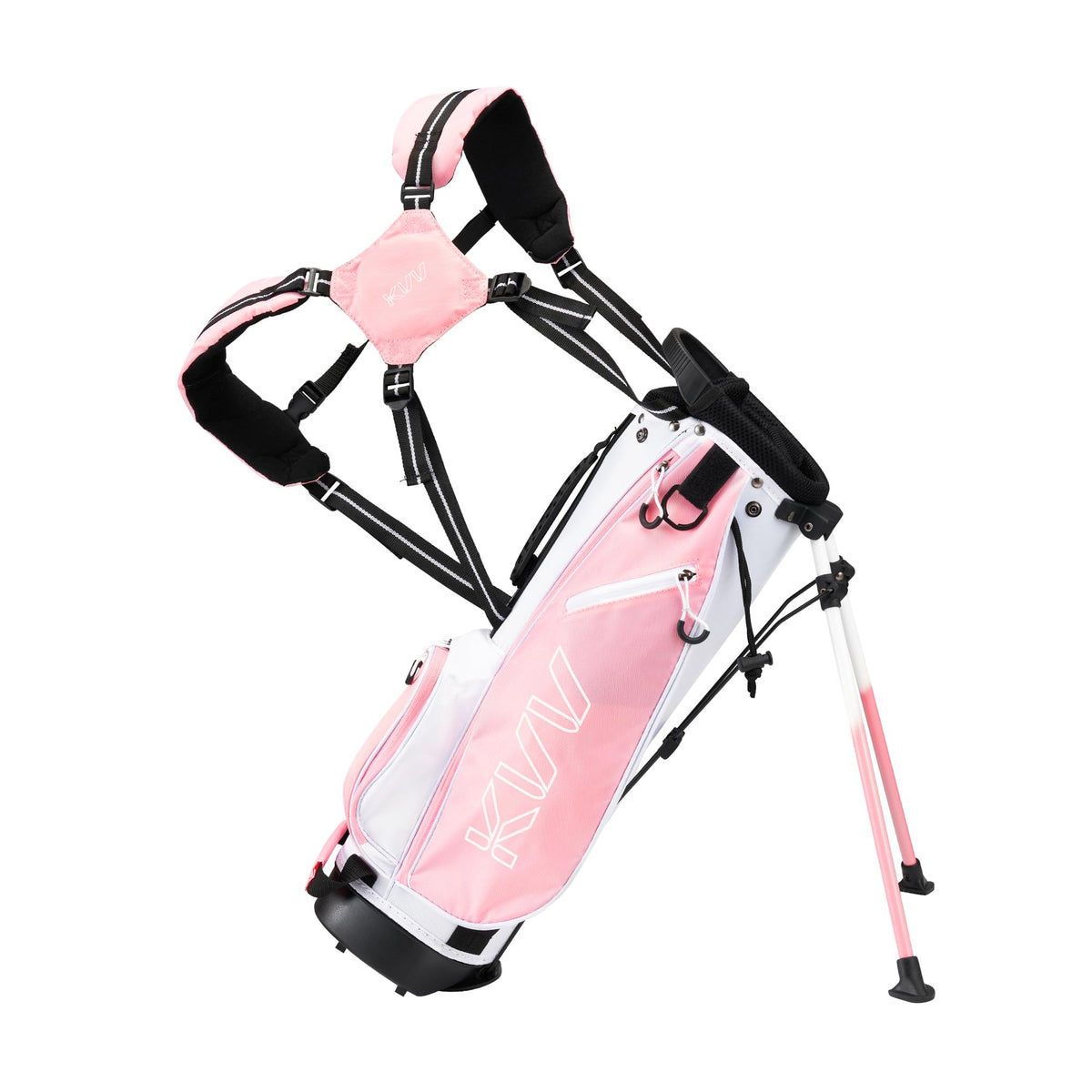 KVV junior golf stand bag pink close-up showing 4-way top divider for easy club organization