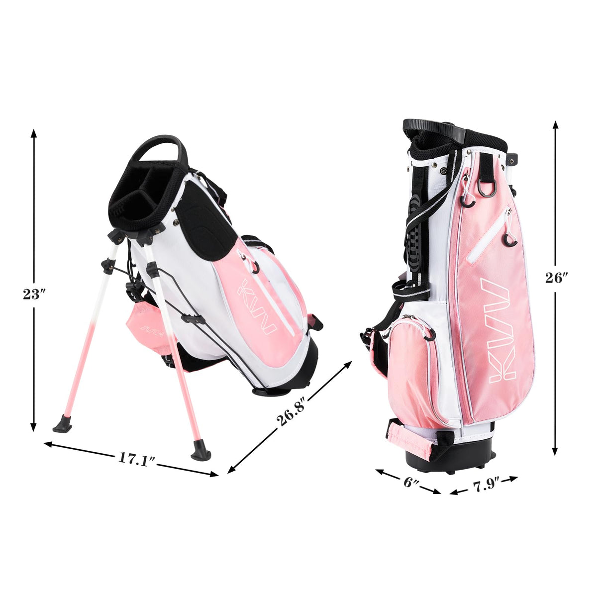 KVV junior golf stand bag pink strap view emphasizing padded adjustable straps for comfortable carrying