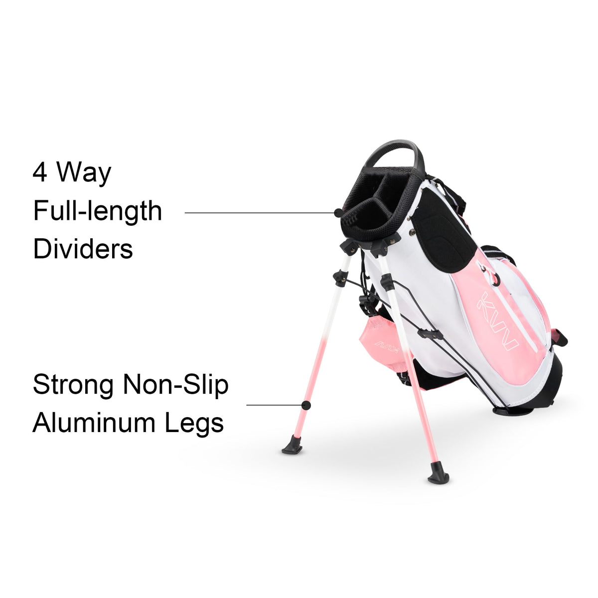 KVV junior golf stand bag pink solid base stability ensures secure gear on uneven ground