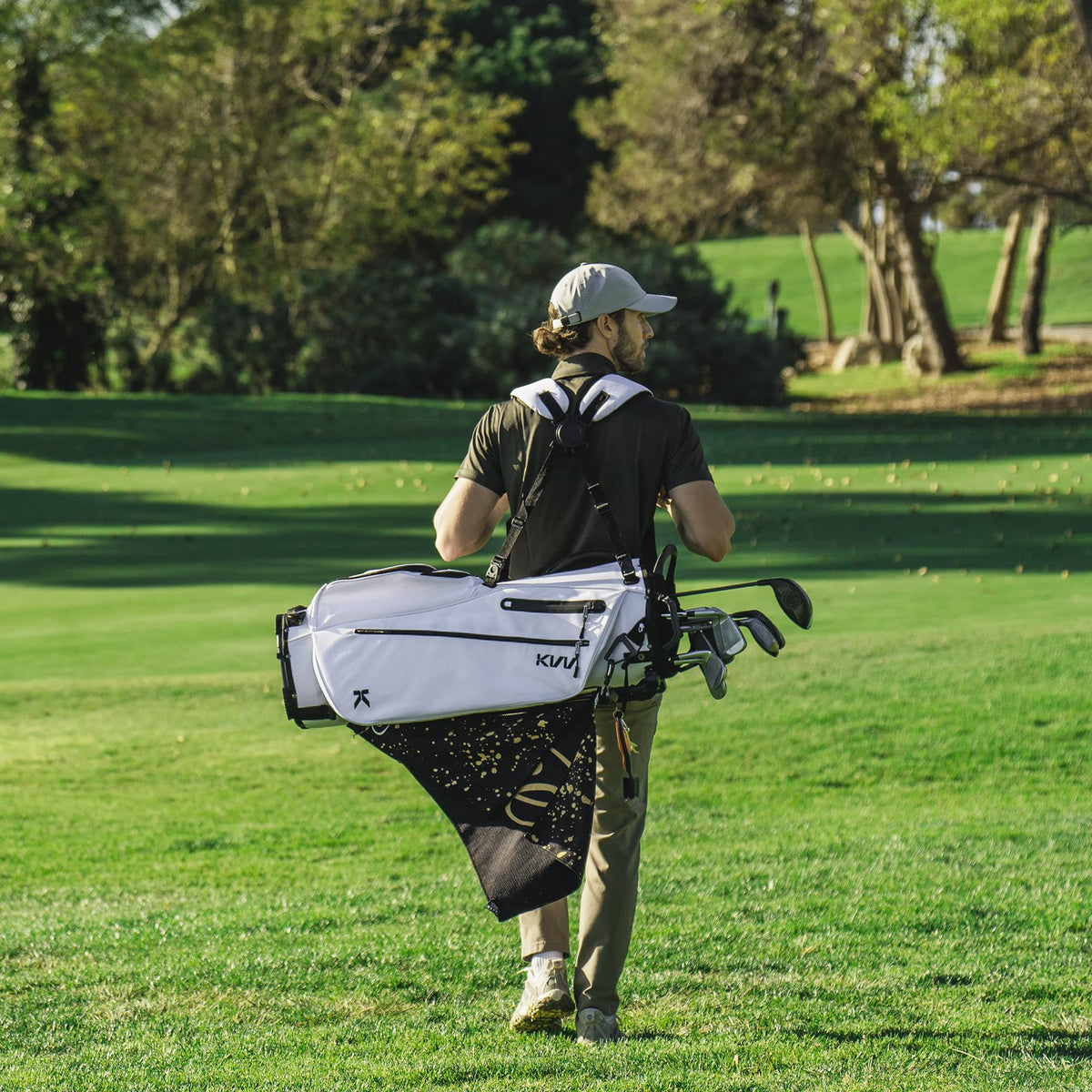 KVV golf stand bag showing six pockets for gear, valuables, and accessories.