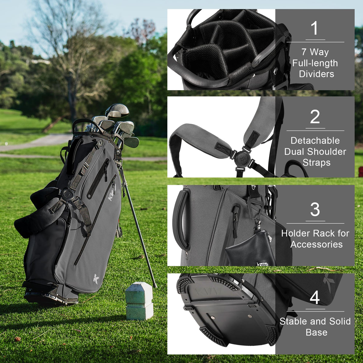 KVV golf bag includes rain cover to keep gear dry during showers.