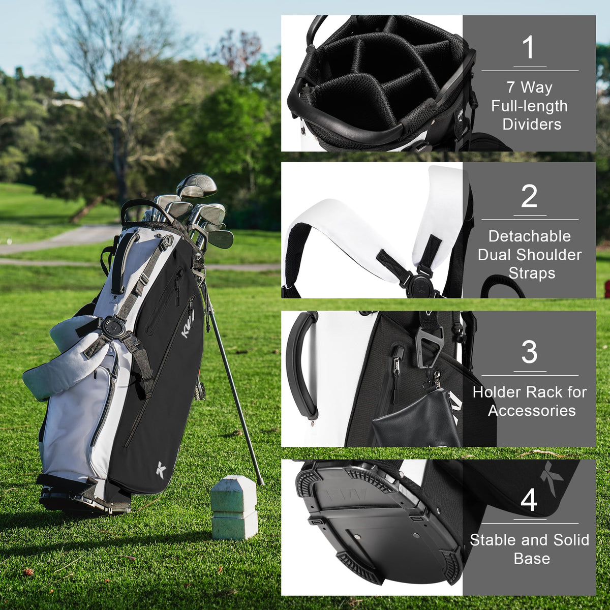 KVV lightweight polyester golf bag delivers durable performance with light weight.