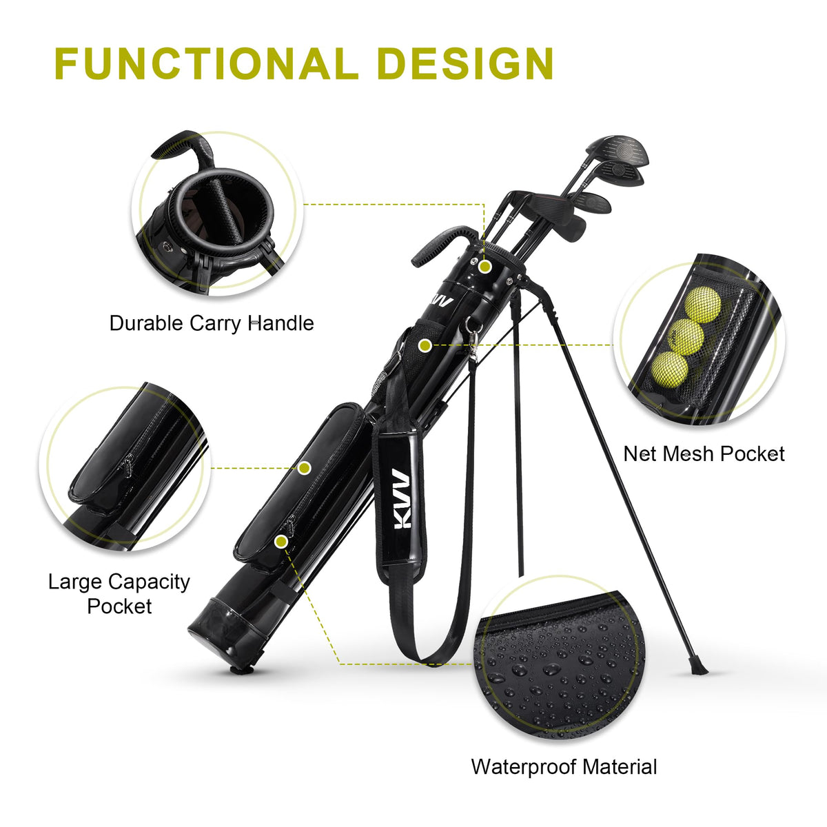 KVV Lightweight Sunday Stand Bag black back view illustrates comfortable carry strap