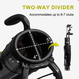 KVV black stand bag open compartment view reveals roomy ball and tee space