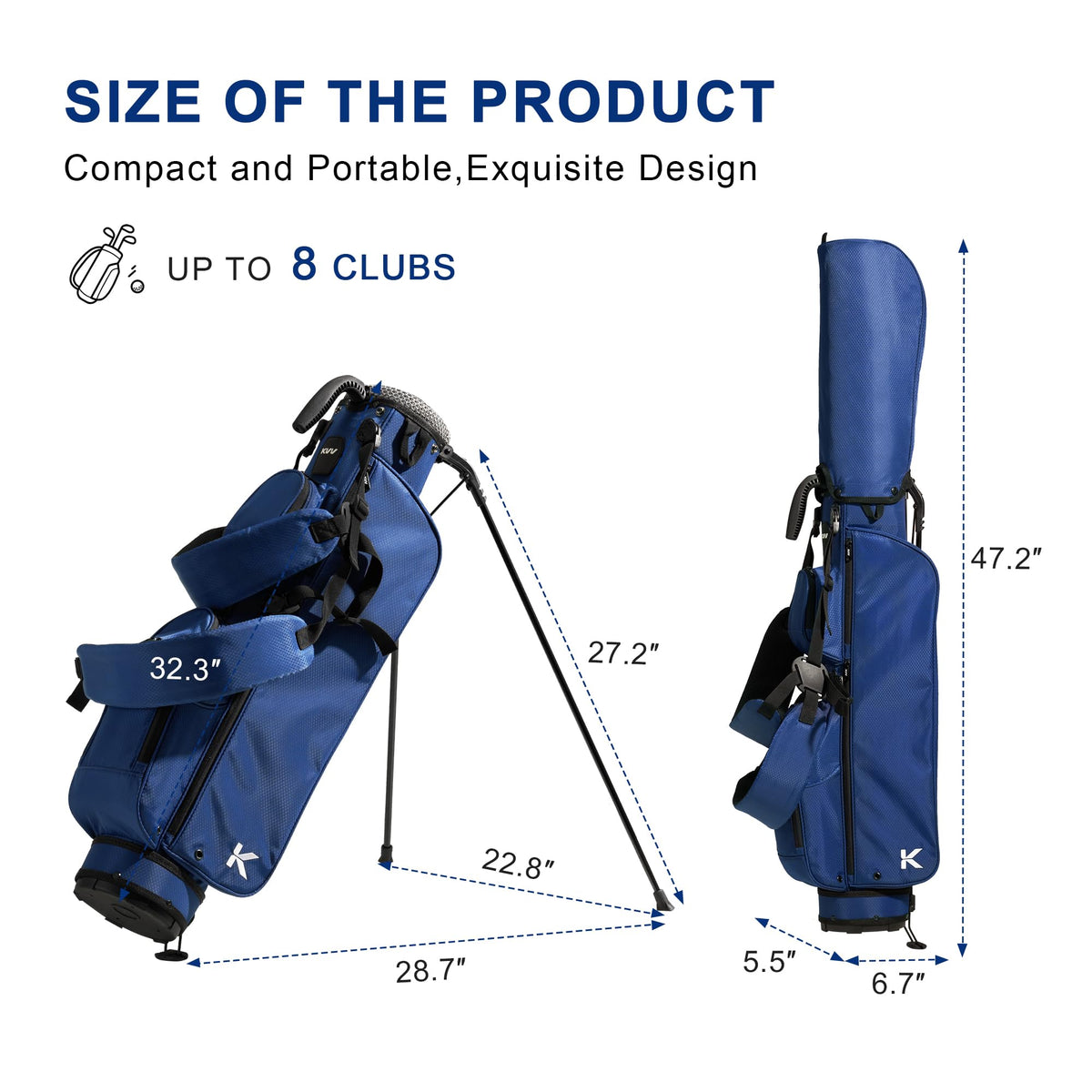 KVV navy color stand bag includes rain cover for weather protection.