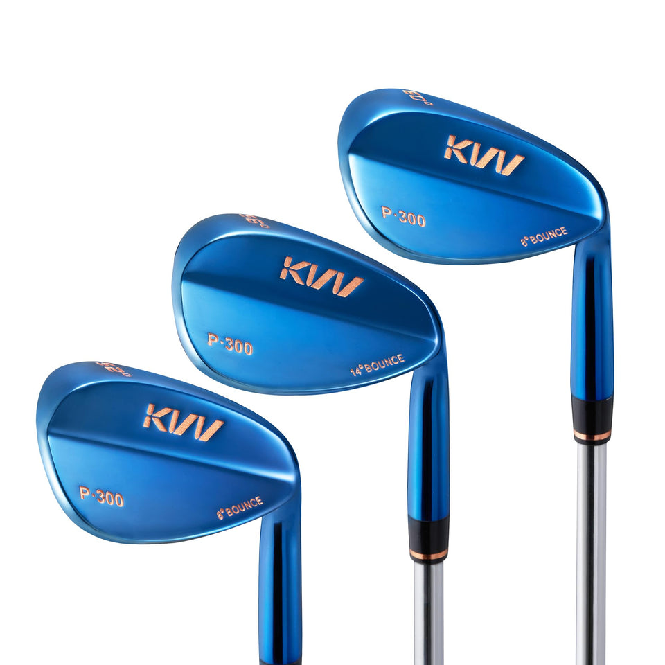 KVV premium wedges with ionized blue finish front view showing overall design and grip.