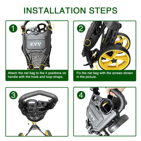KVV universal golf cart organizer mesh bag strap install demonstrates quick, tool-free attachment.