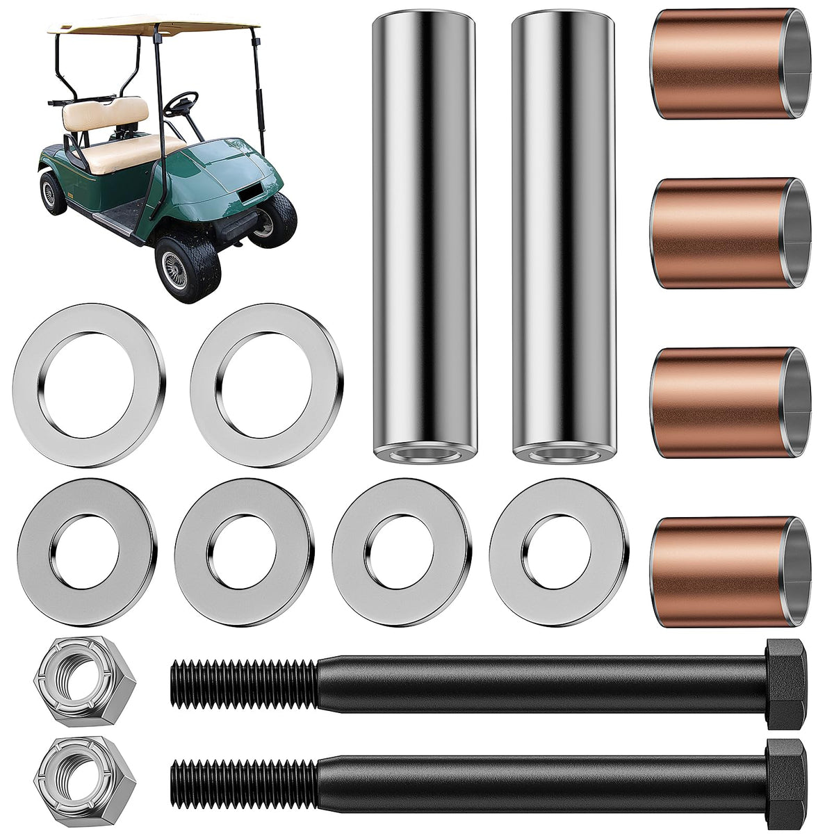 KyuerWK golf cart spindle kit packaging shows full contents.