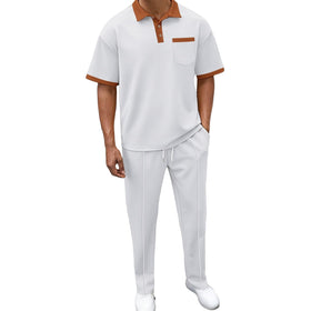 KZMFROY men's casual 2-piece set with waffle polo front view highlights texture and style.