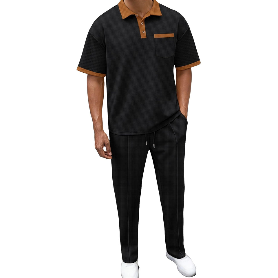 KZMFROY waffle texture polo shirt front view highlighting breathable design and casual style