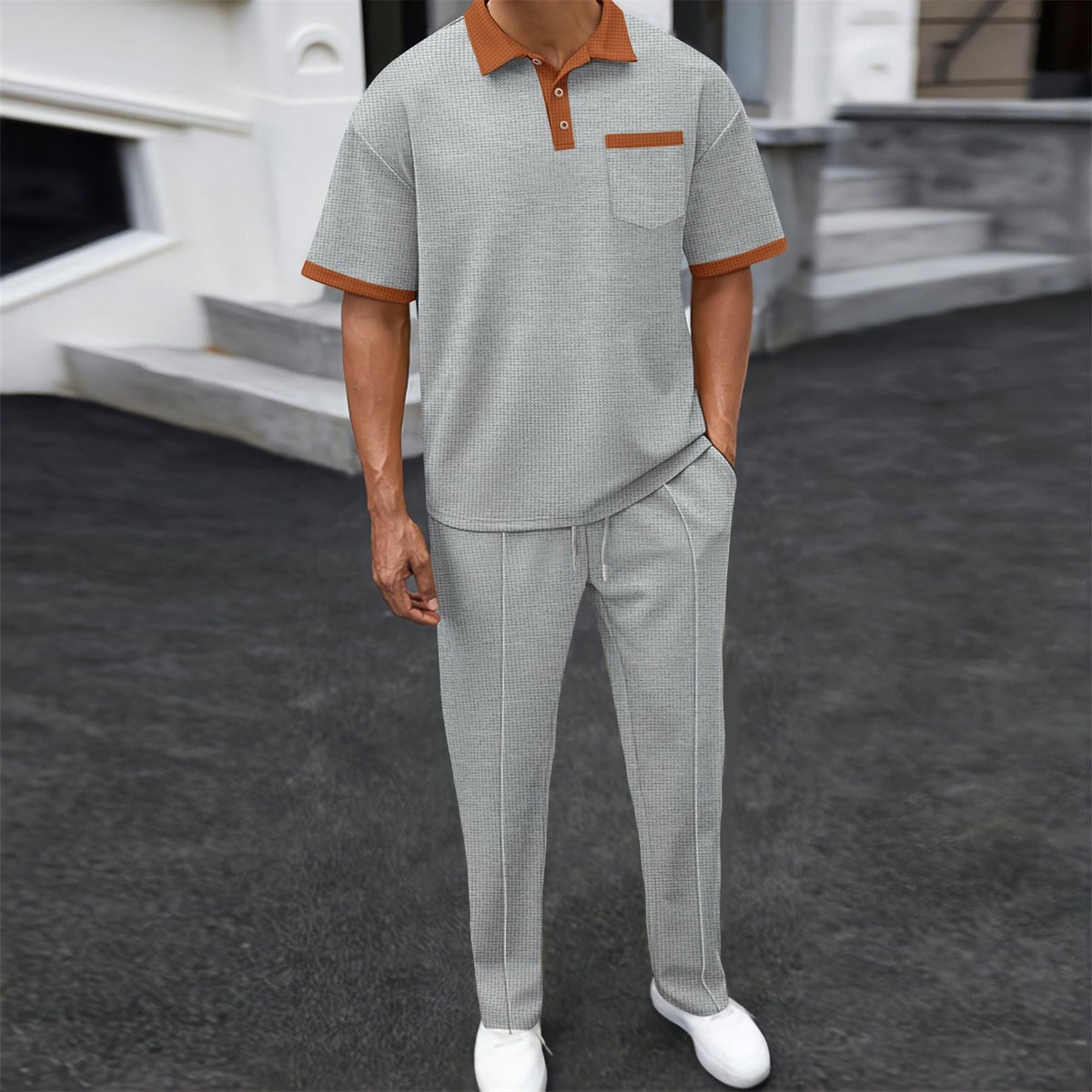 KZMFROY waffle trousers with polo, versatile for casual and light business wear.