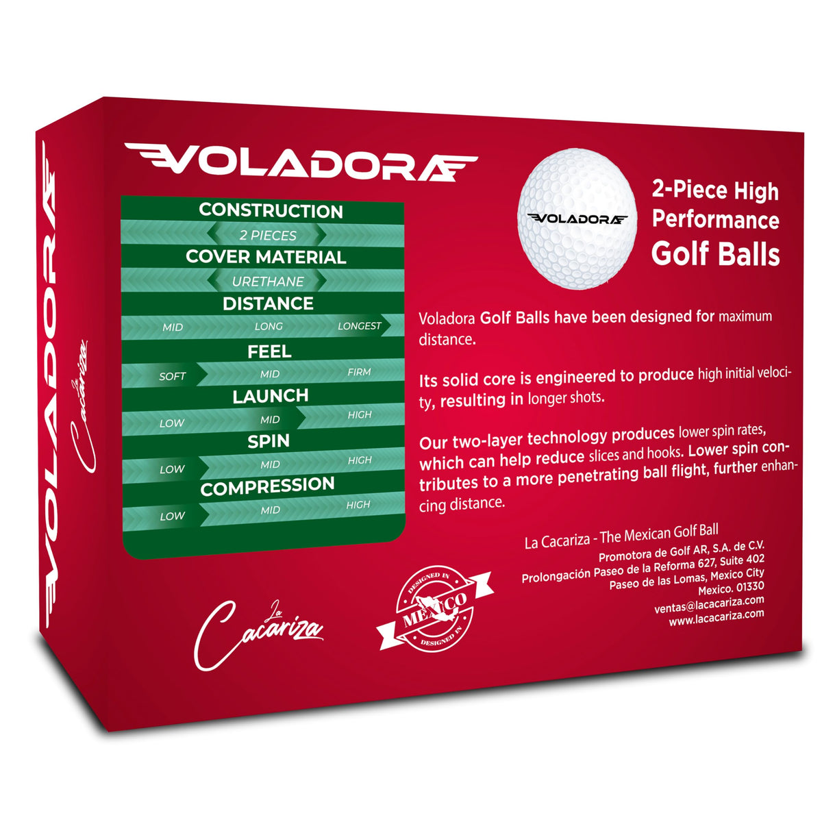 LA CACARIZA Voladora golf balls side view highlighting spin-reduction feature for straighter flight