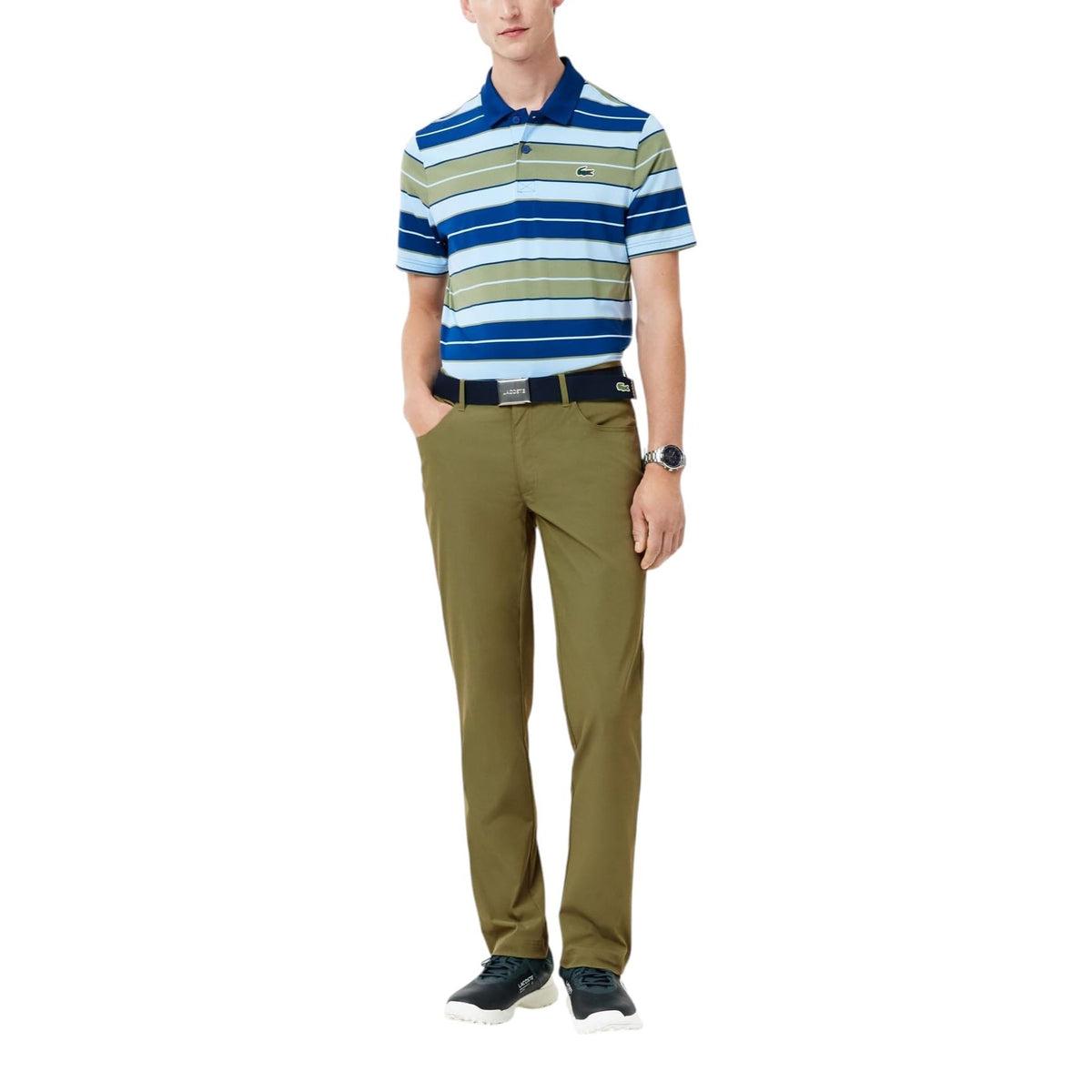 Lacoste Sport Ultra Dry pants front view highlighting khaki fabric and mobility.