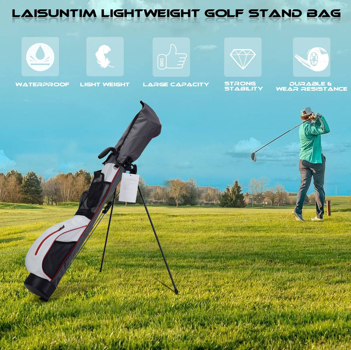 LAISUNTIM golf bag white extra pockets and rain cover for gear