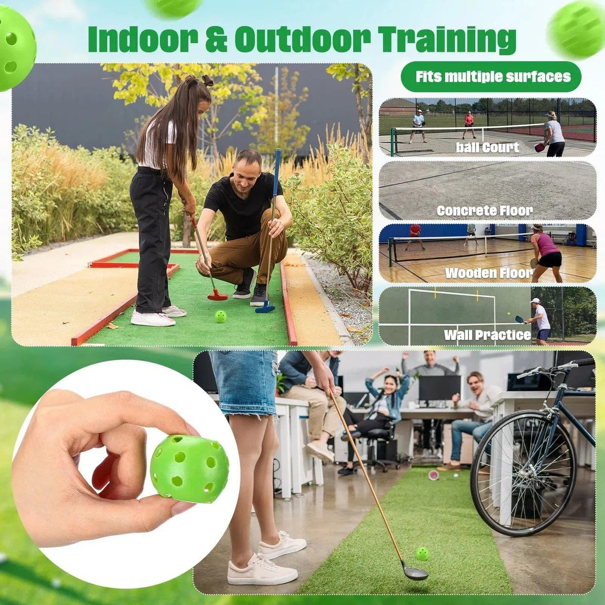 LaRandom bright green golf balls aid quick retrieval during backyard practice.