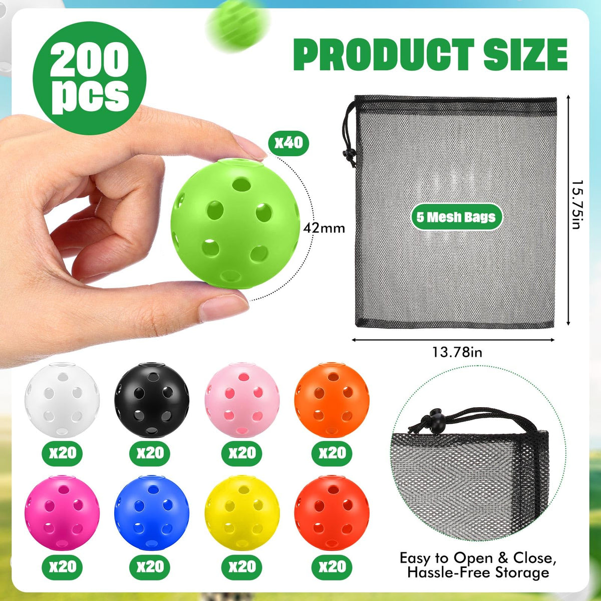 LaRandom mesh bags 40x35cm 5-pack keeps balls organized and portable.