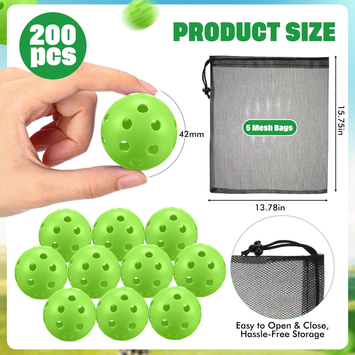LaRandom mesh bags five-pack for organizing and transporting balls after training.