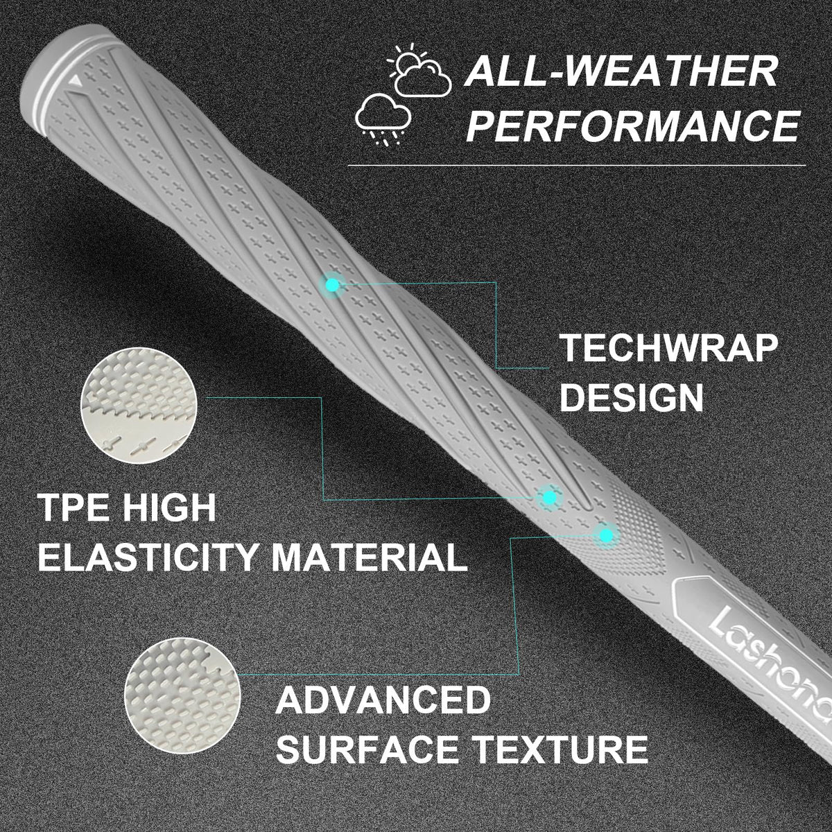 Lashonda standard-size grips shown installed on clubs for easy renewal.