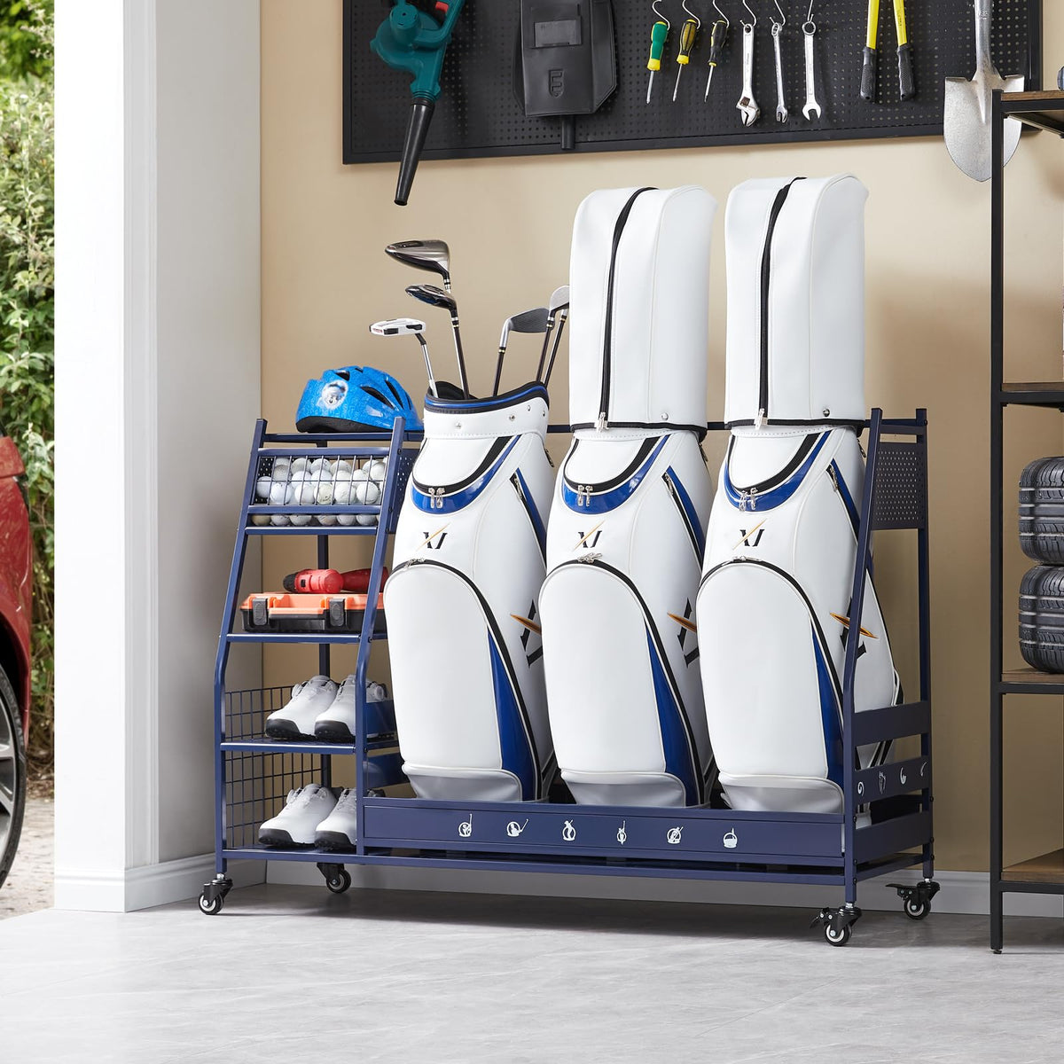Lauren Harold 3 Golf Bag Organizer garage view showing neat storage