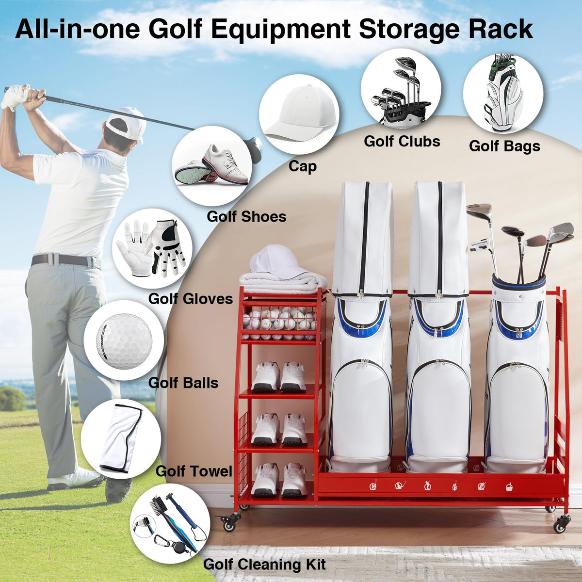Lauren Harold 3 Golf Bag Organizer locking wheels keep the unit stable during loading.