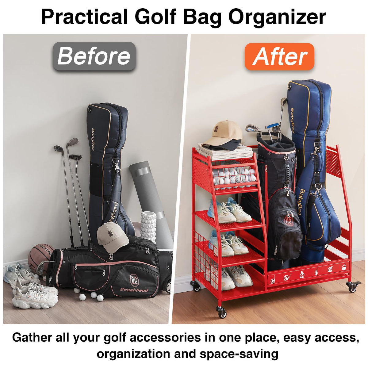 Lauren Harold golf bag organizer—easy-to-assemble setup for quick use