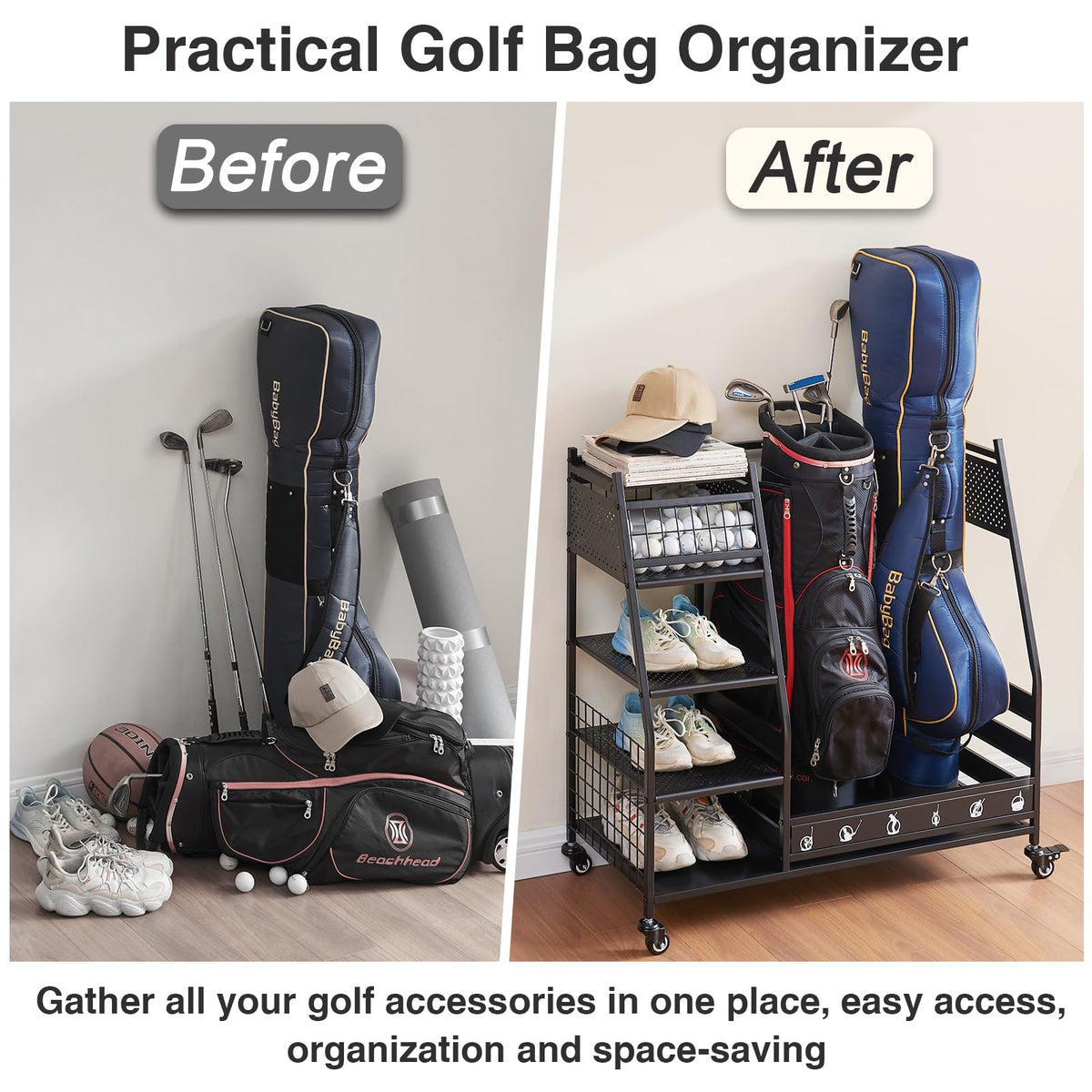Lauren Harold golf bag organizer freestanding stand fits garages, sheds, and basements.