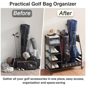 Lauren Harold golf bag organizer freestanding stand fits garages, sheds, and basements.