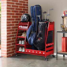 Lauren Harold golf bag organizer—front view stores two bags neatly and within reach