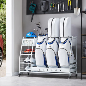 Lauren Harold bag organizer in a garage showing sturdy three-bag storage for easy access