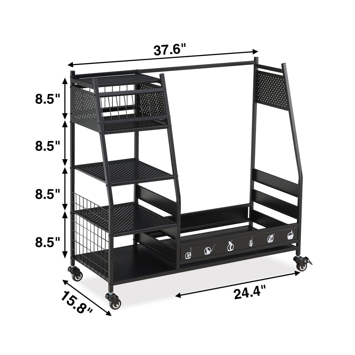 Lauren Harold golf bag organizer in a typical garage layout for easy access.