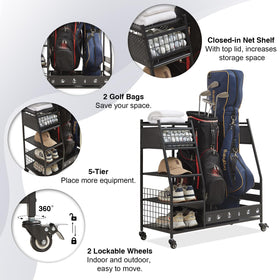 Lauren Harold golf bag organizer left shelves hold shoes, hats, and gloves.