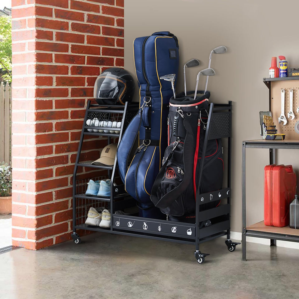 Lauren Harold golf bag organizer side view shows a sturdy steel frame.