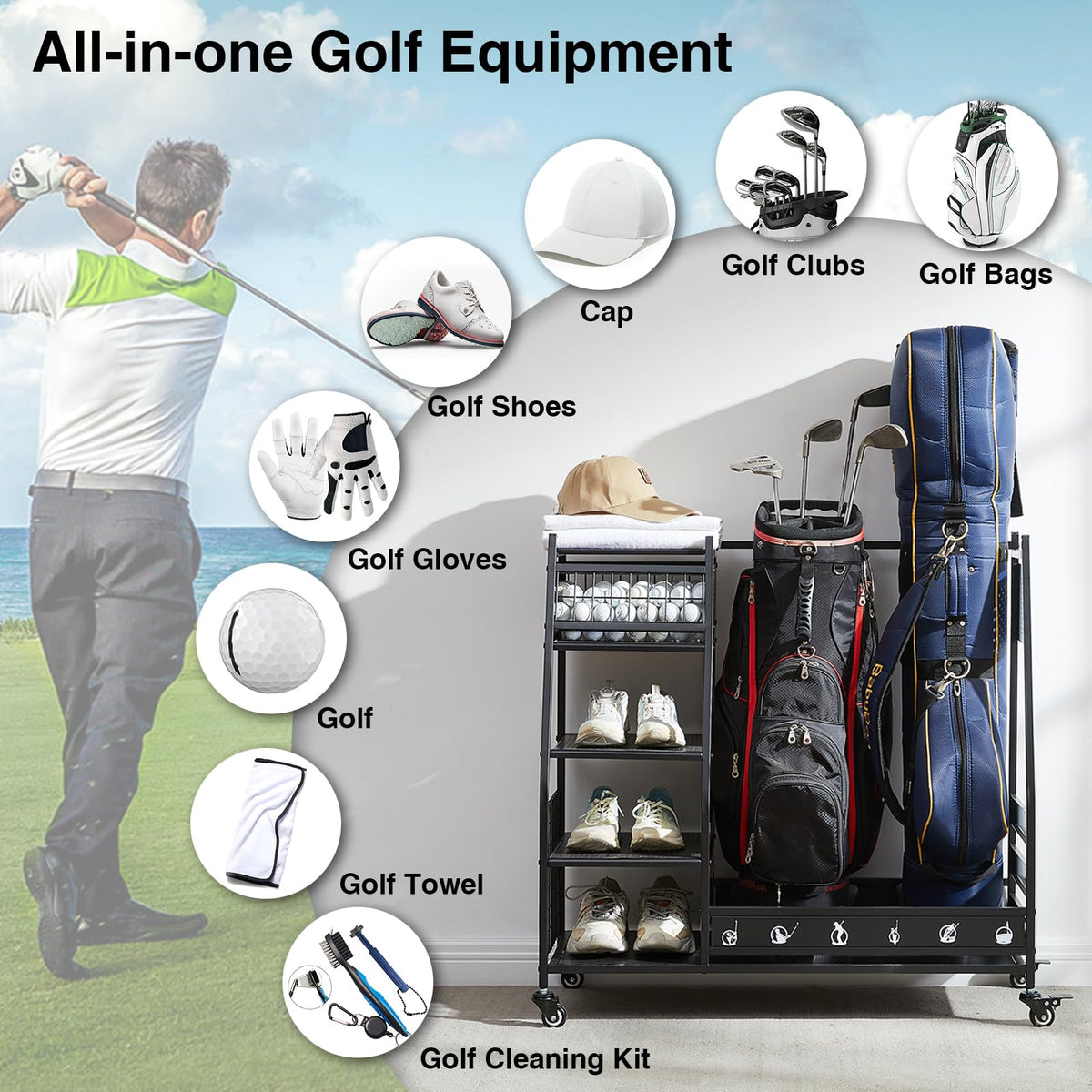 Lauren Harold golf bag organizer wheels enable smooth movement around the garage.